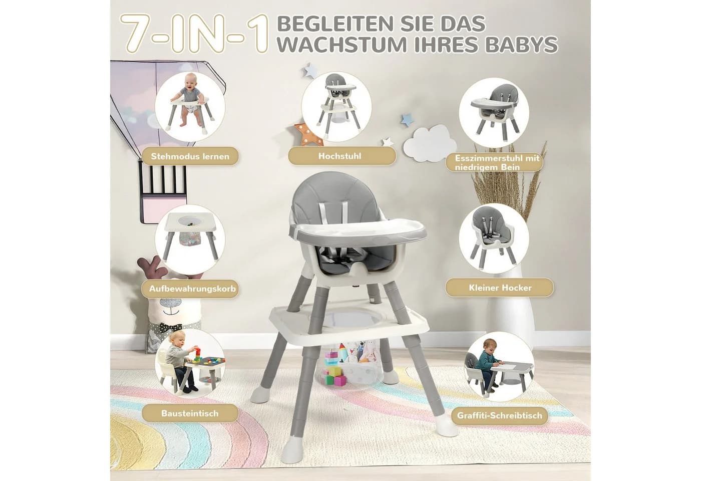 LALAHO Kinderklappstuhl 7-in-1 Grau PVC - Bild 5