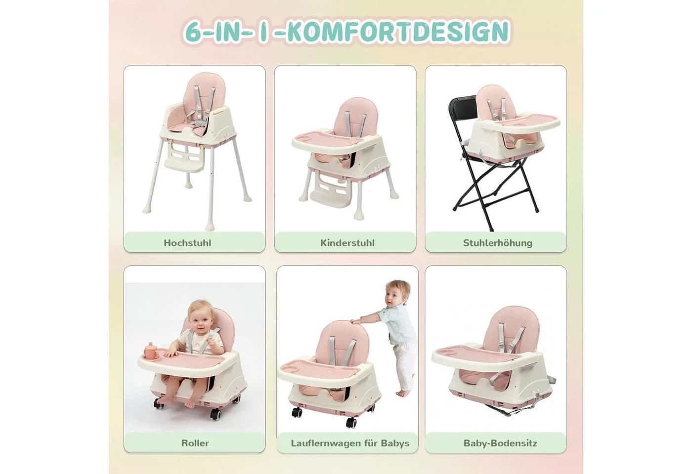 LALAHO Kinderstuhl 4-in-1 Rosa Höhenverstellbar Mitwachsstuhl