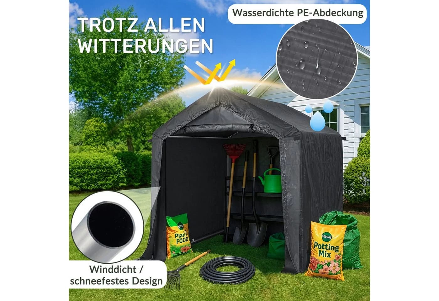 LALAHO Gerätehaus Grau Stahlrahmen Wasserdichtes Foliengerätehaus - Bild 5