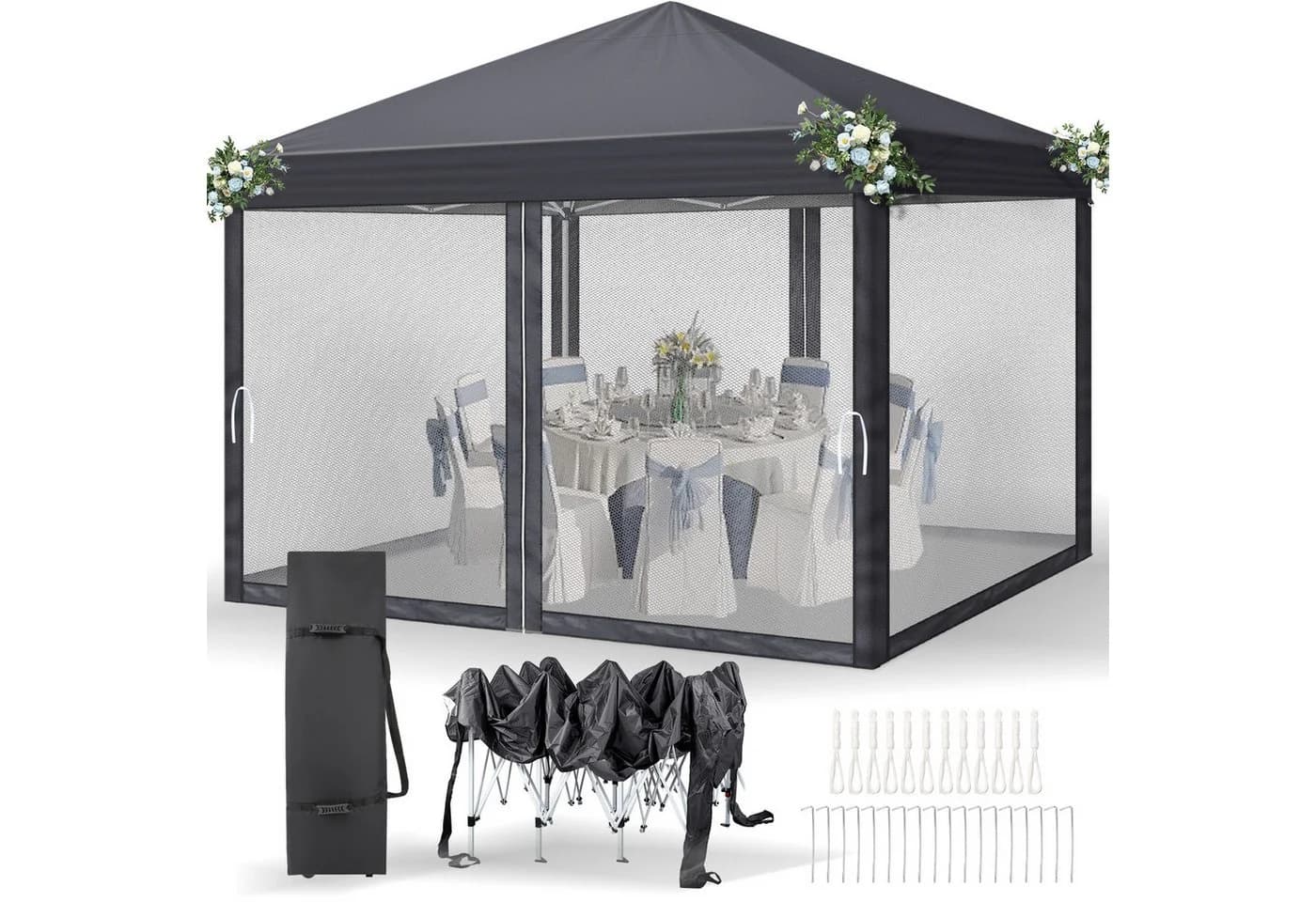 LEADZM Faltpavillon 3x3m Grau mit Moskitonetz & UV-Schutz - Bild 2