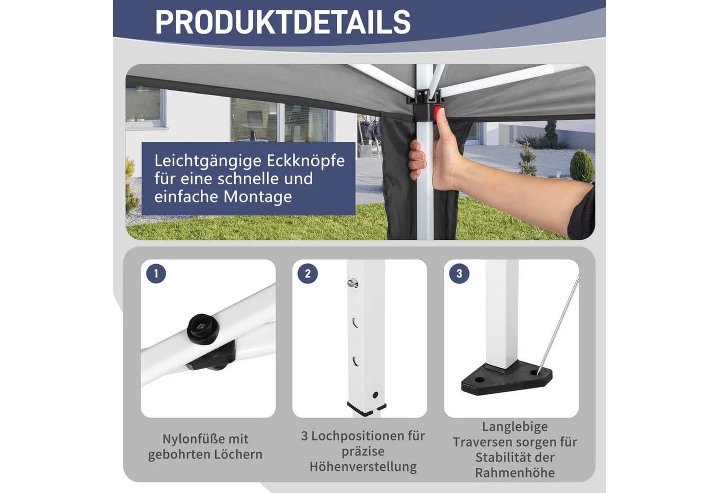 LEADZM Faltpavillon 3x3m Grau mit Moskitonetz & UV-Schutz - Bild 3