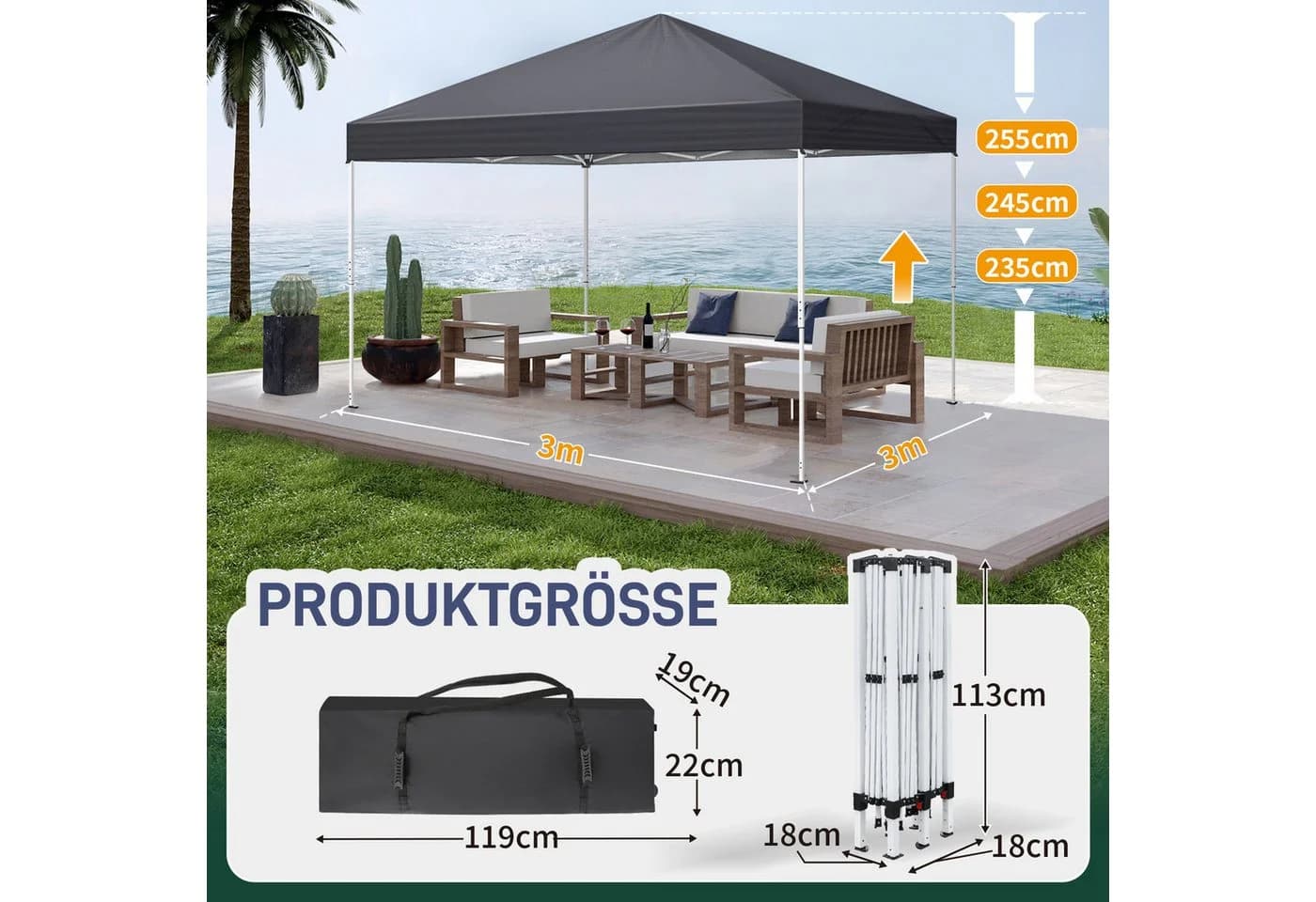 LEADZM Faltpavillon 3x3m Grau mit Moskitonetz & UV-Schutz - Bild 5