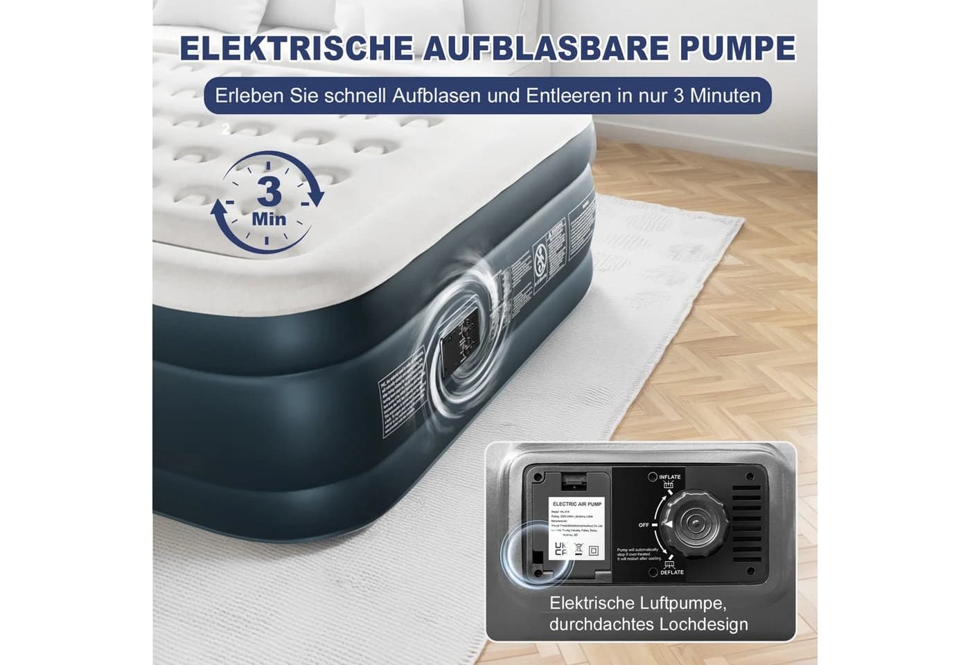 LALAHO Luftmatratze mit eingebauter Pumpe, Weiß, 203x153x45 cm - Bild 5