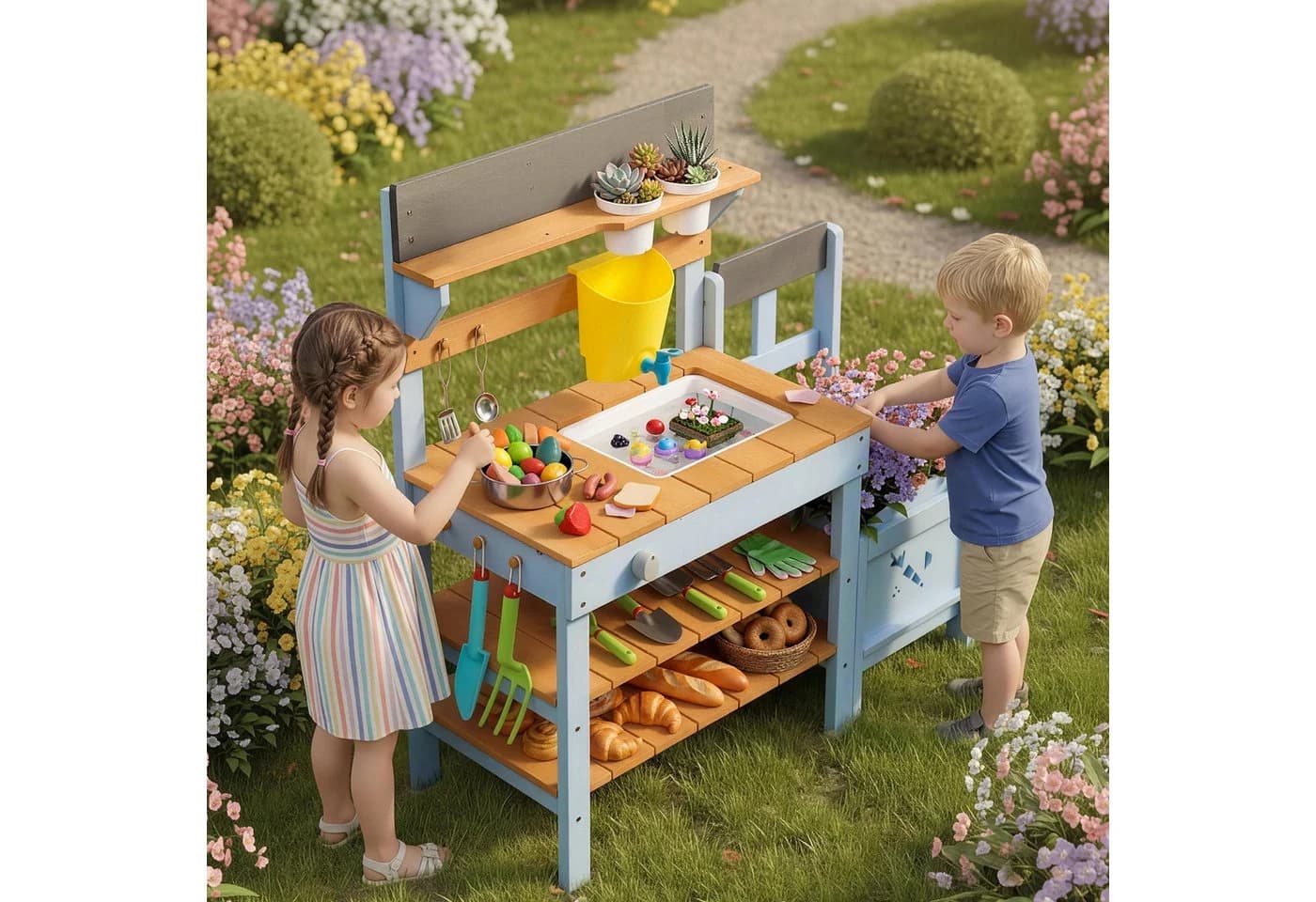 LALAHO Outdoor-Spielküche Matschküche Gartenküche mit Spüle und Pflanzkasten
