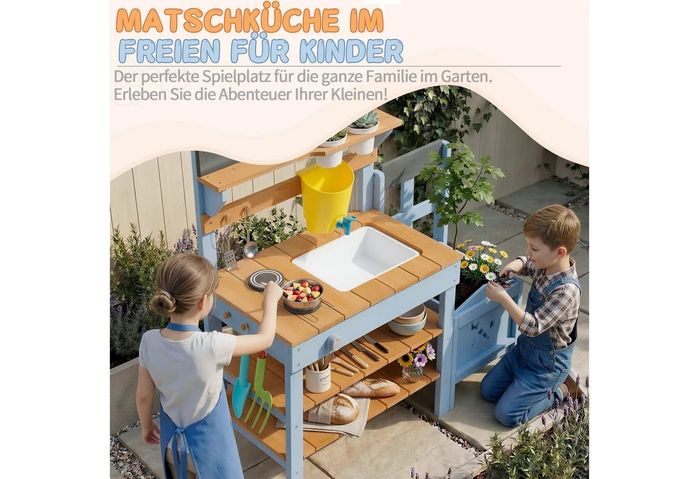 LALAHO Outdoor-Spielküche Matschküche Gartenküche mit Spüle und Pflanzkasten - Bild 3