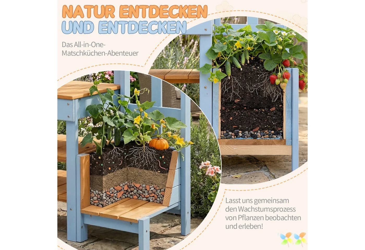 LALAHO Outdoor-Spielküche Matschküche Gartenküche mit Spüle und Pflanzkasten - Bild 4