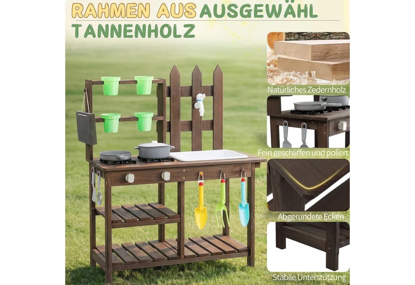 LALAHO Outdoor-Spielküche Holz Matschküche mit Wasserhahn & Garten-Set - Bild 3