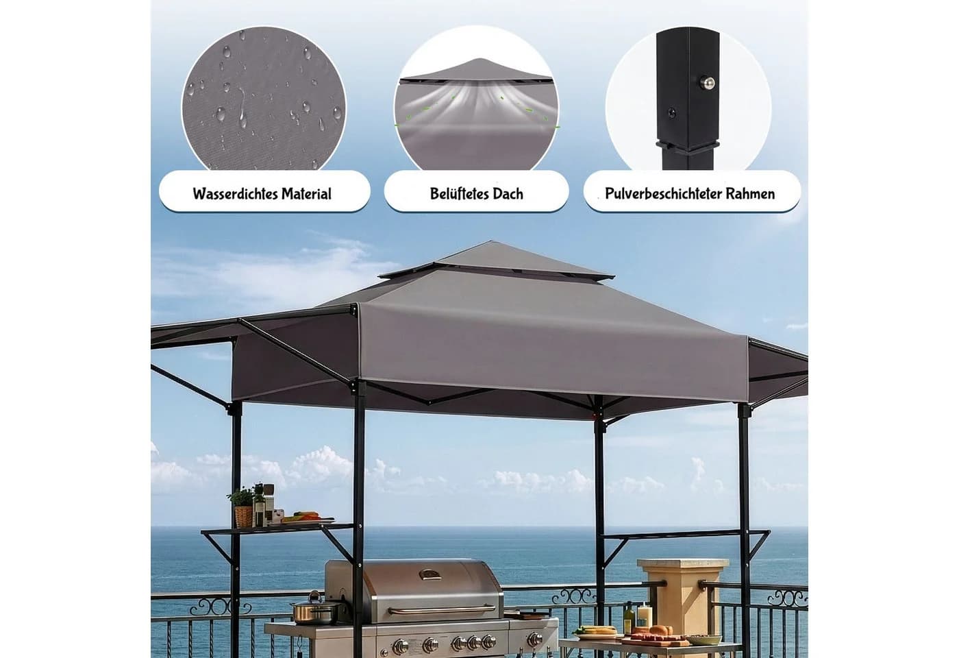 LALAHO Grillpavillon mit Doppeldach und Seitenregalen