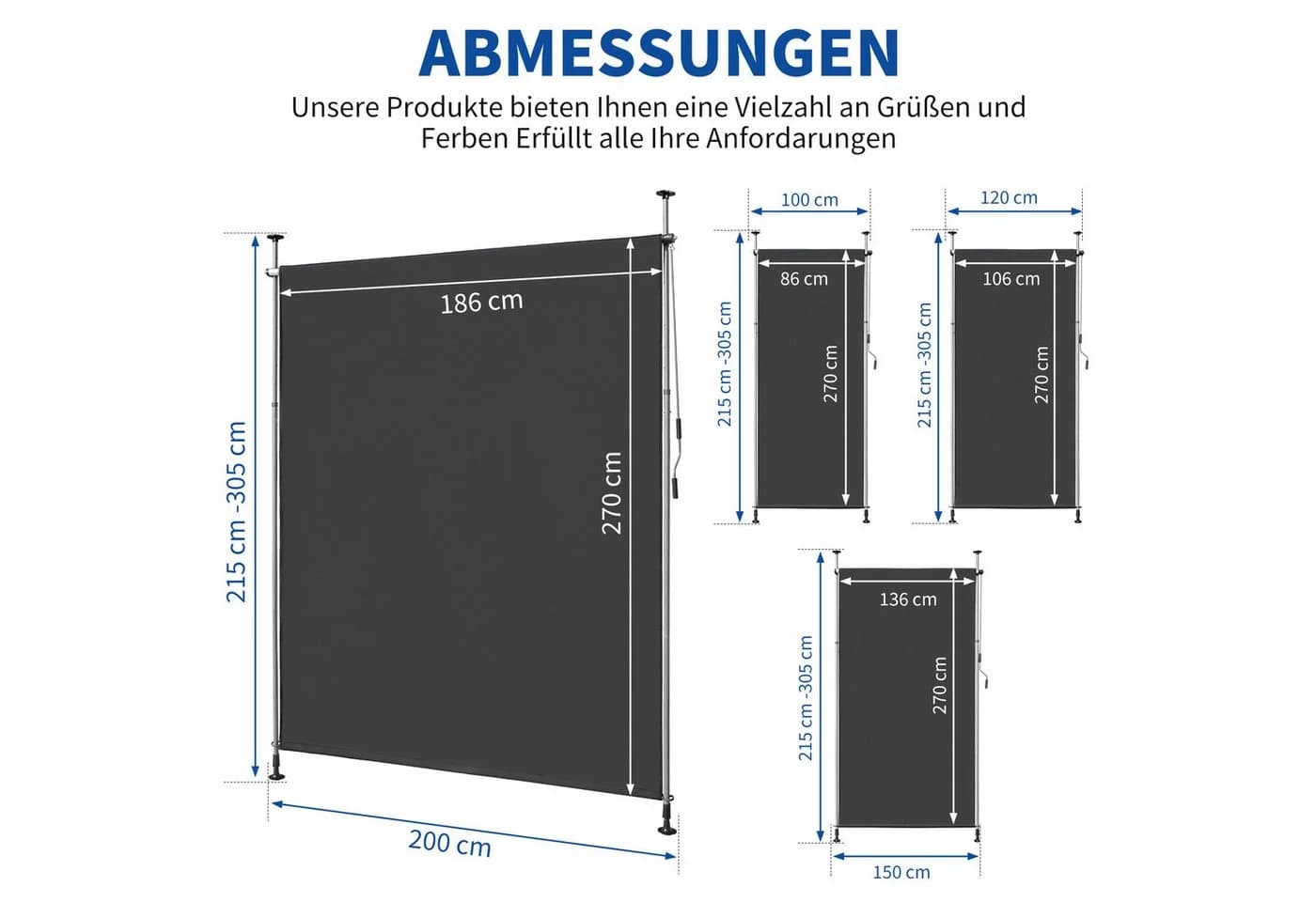 LALAHO Senkrechtmarkise Grau Klemmmarkise mit Handkurbel - Bild 3