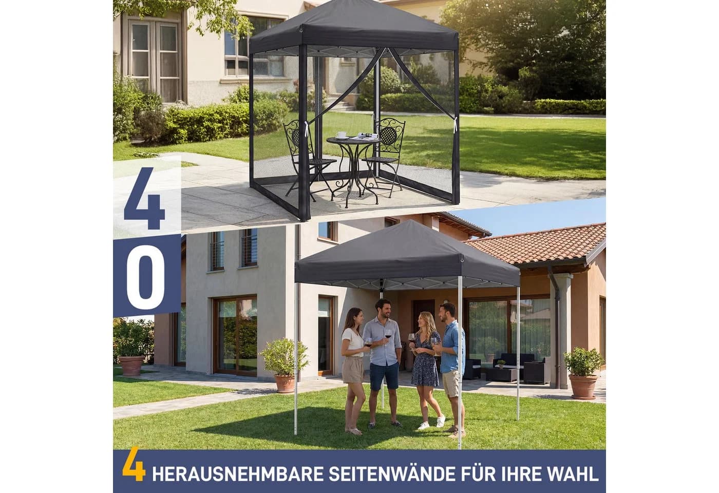 LALAHO Faltpavillon Partyzelt Pop Up Pavillon 2x2m mit 4 Netzvorhängen, UV-Schutz, Gartenpavillon höhenverstellbar, mit Tragetasche - Bild 4