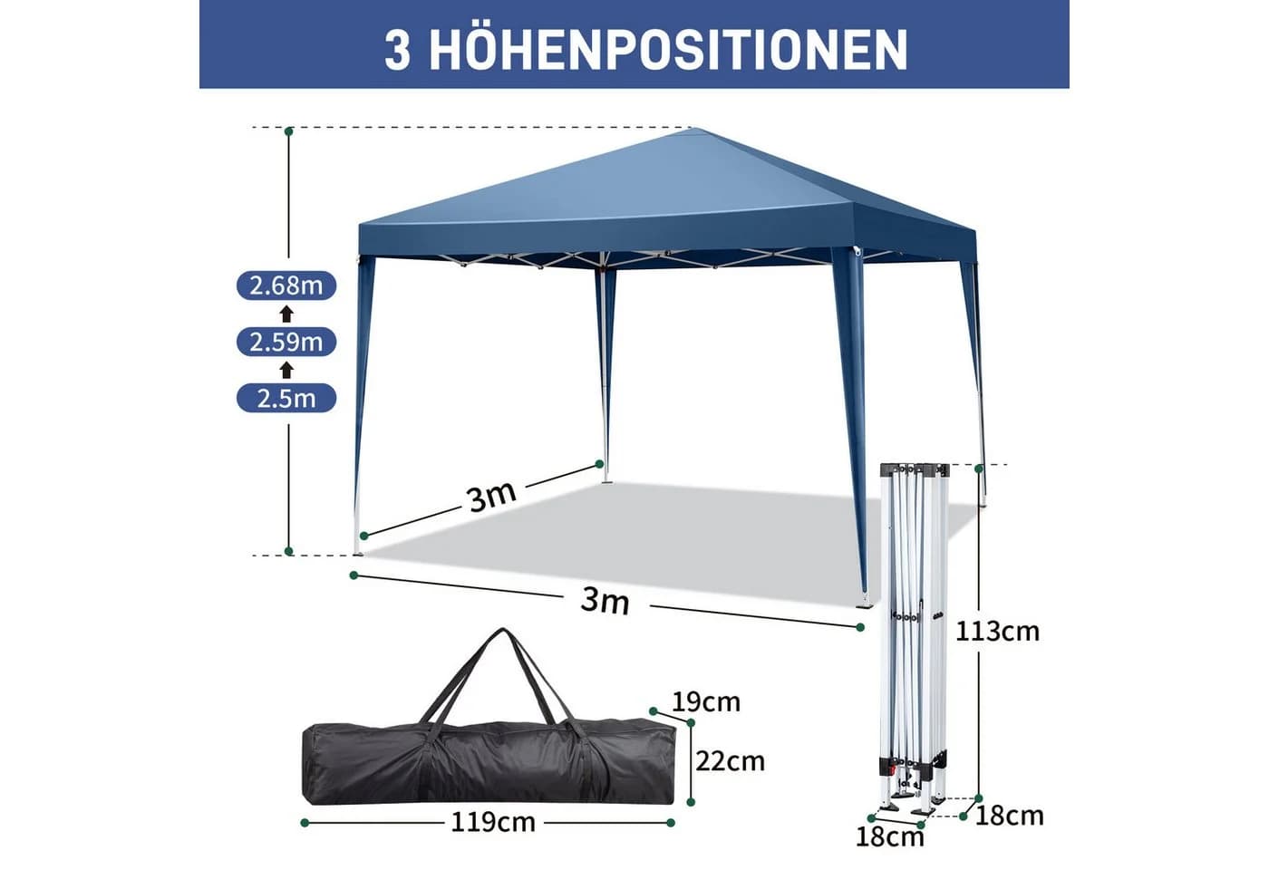 LALAHO Faltpavillon 3x3m Pop-Up Gartenpavillon höhenverstellbar