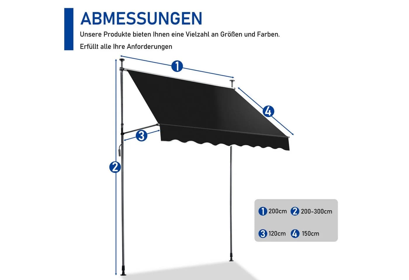 LALAHO Klemmmarkise Balkonmarkise 200/250/300cm Gelenkarm Markise Sonnenmarkise - Bild 5