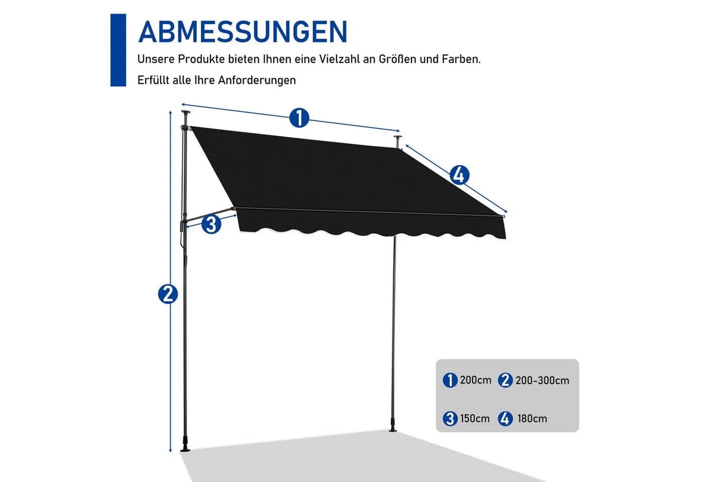 LALAHO Klemmmarkise Balkonmarkise 200/250/300cm UV-beständig wasserdicht - Bild 5