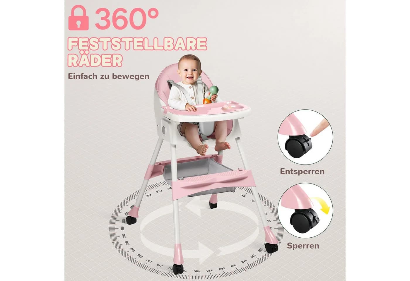 LALAHO Kinderstuhl 3-in-1 Rosa Klappbarer Hochstuhl