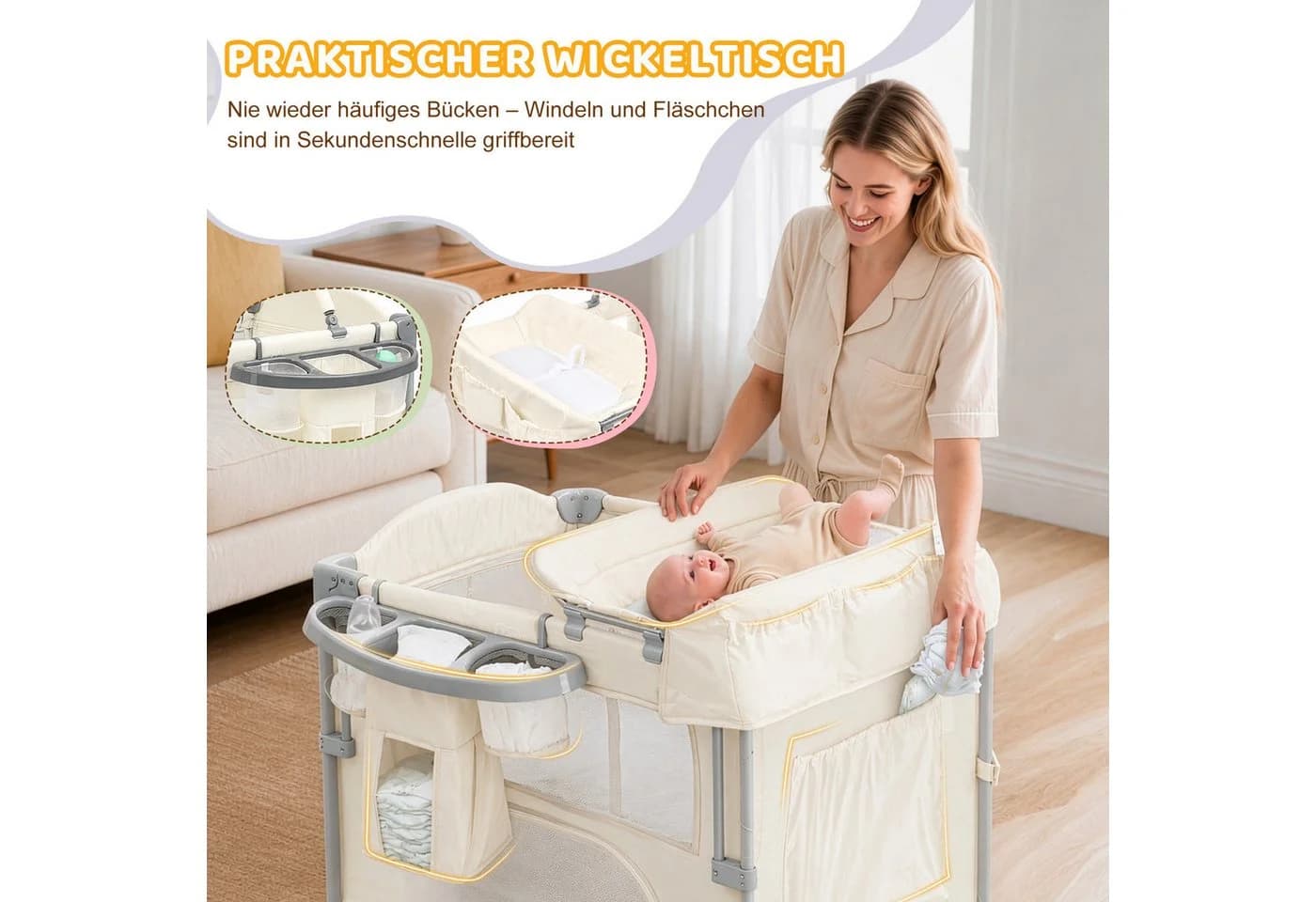 LALAHO Baby-Reisebett Faltbar mit Matratze & Wickeltisch Weiß - Bild 3