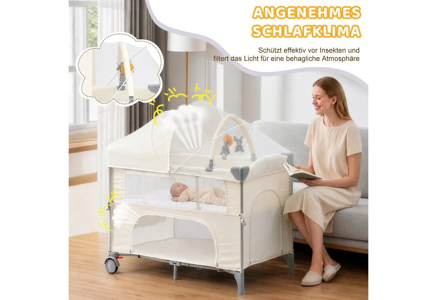 LALAHO Baby-Reisebett Faltbar mit Matratze & Wickeltisch Weiß - Bild 5