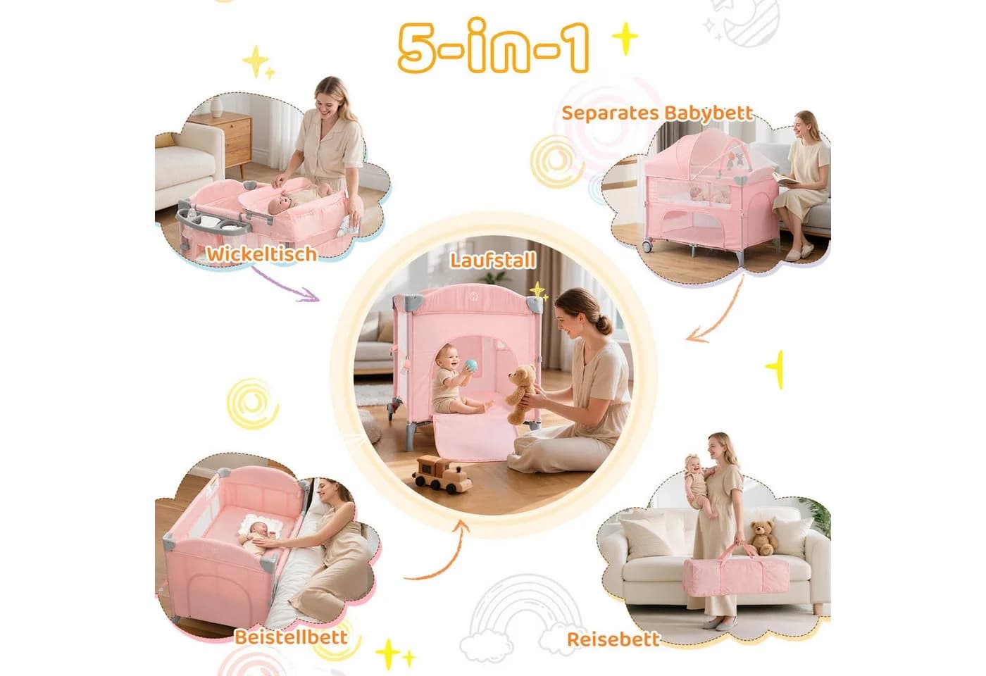 LALAHO Baby-Reisebett Rosa Faltbar mit Matratze & Wickeltisch