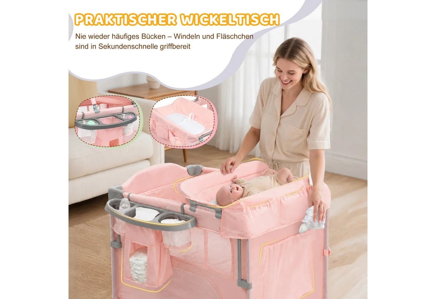 LALAHO Baby-Reisebett Rosa Faltbar mit Matratze & Wickeltisch - Bild 3