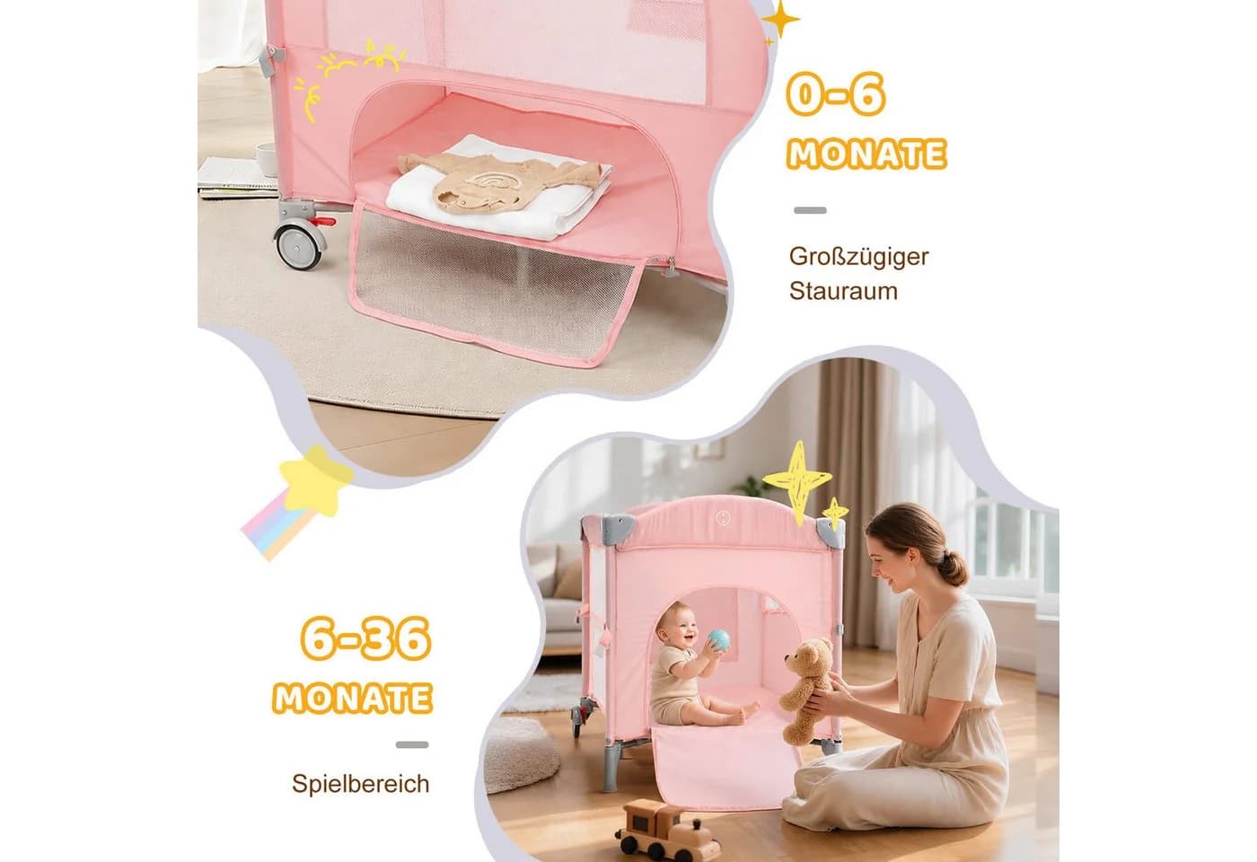 LALAHO Baby-Reisebett Rosa Faltbar mit Matratze & Wickeltisch - Bild 4