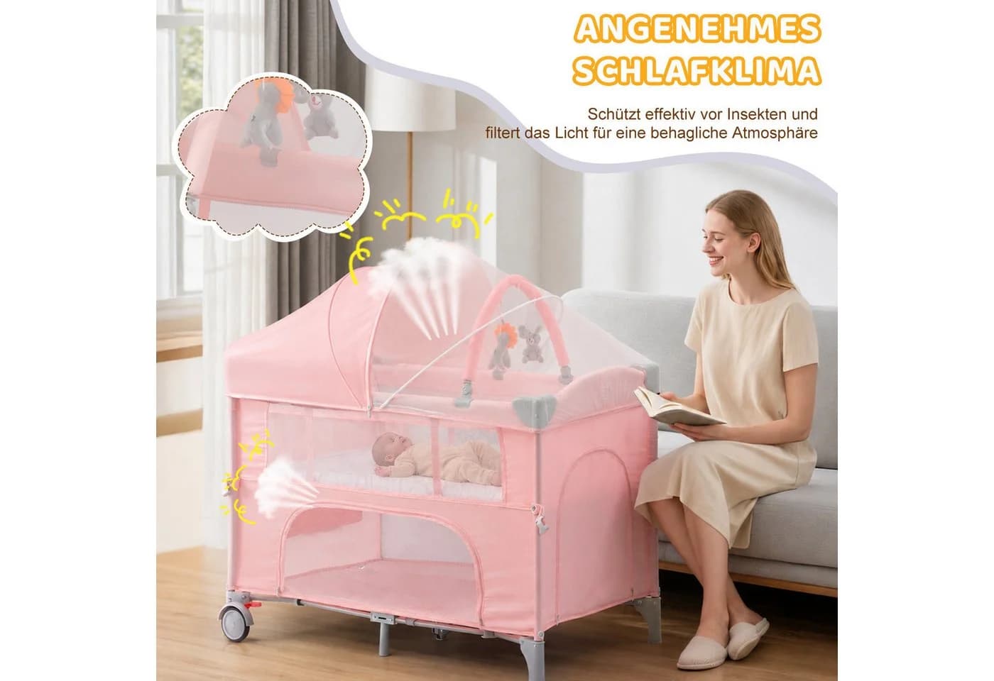 LALAHO Baby-Reisebett Rosa Faltbar mit Matratze & Wickeltisch - Bild 5