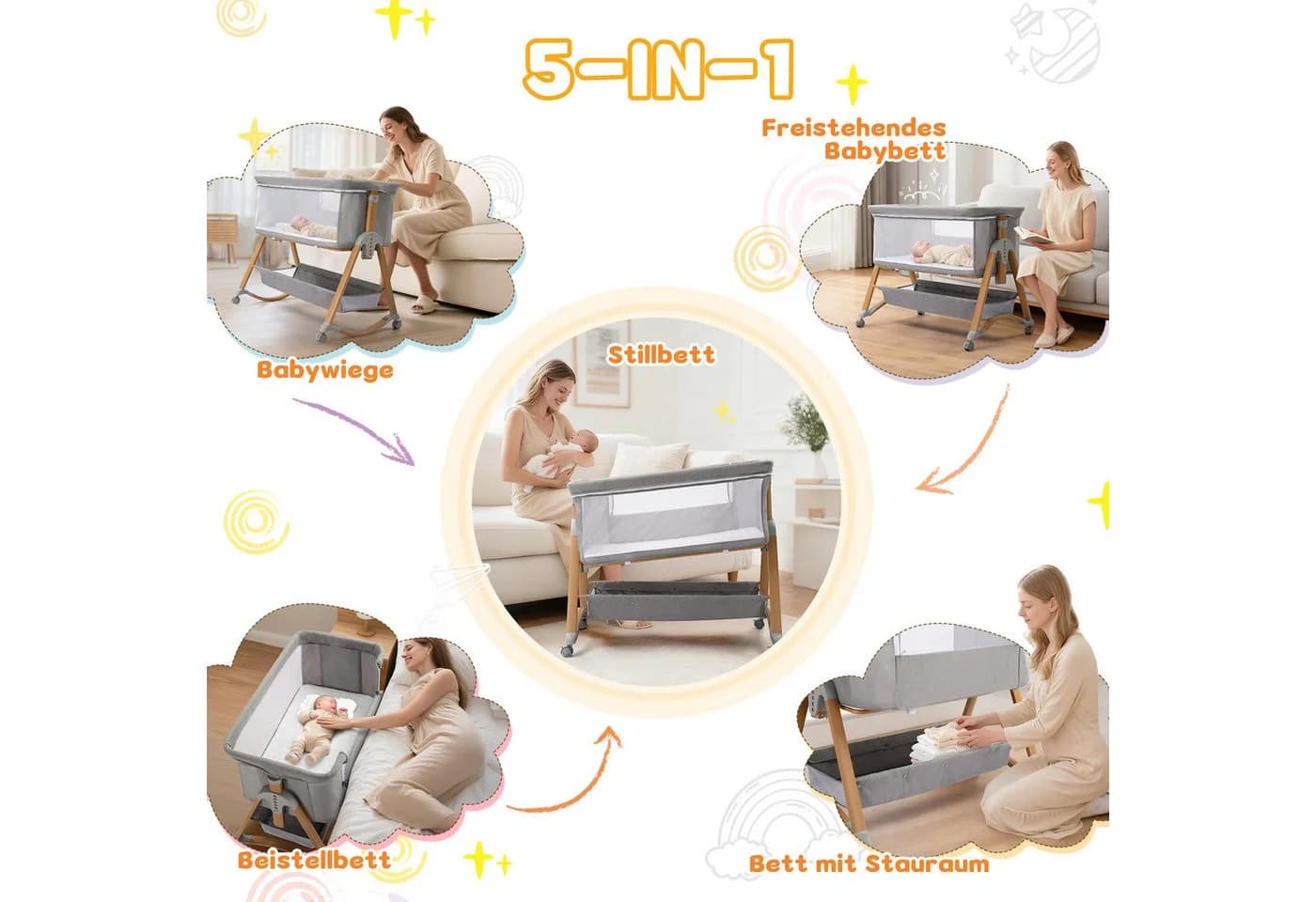 LALAHO Baby-Reisebett 5-in-1 Beistellbett grau mit Matratze & Wiege-Modus - Bild 3