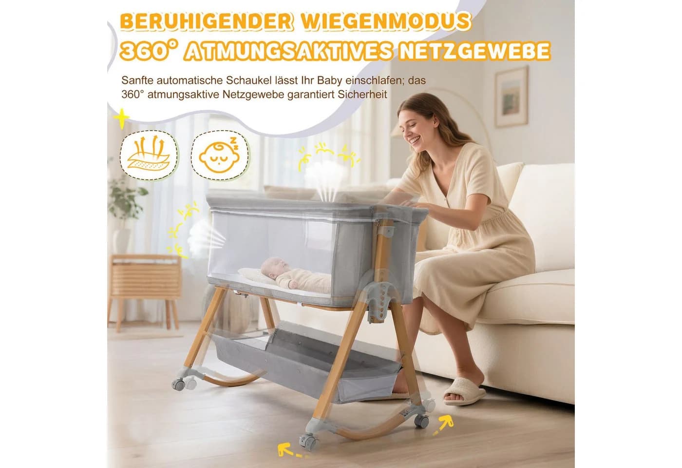 LALAHO Baby-Reisebett 5-in-1 Beistellbett grau mit Matratze & Wiege-Modus - Bild 4