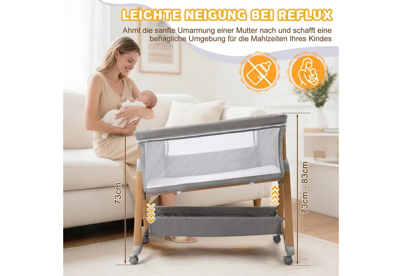 LALAHO Baby-Reisebett 5-in-1 Beistellbett grau mit Matratze & Wiege-Modus - Bild 5