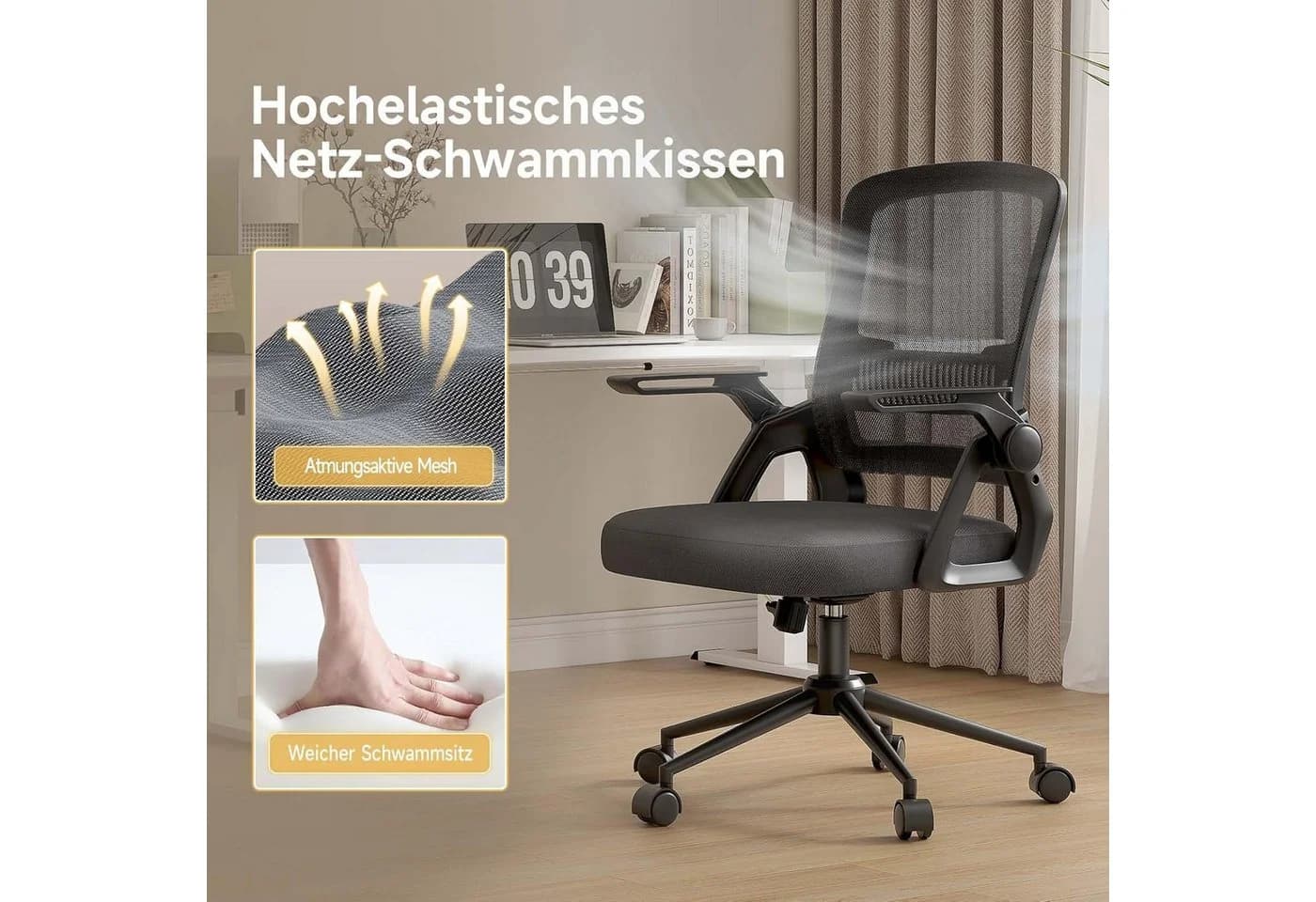 ZAISZE Bürostuhl Ergonomisch mit Mesh-Rückenlehne und klappbaren Armlehnen - Bild 3