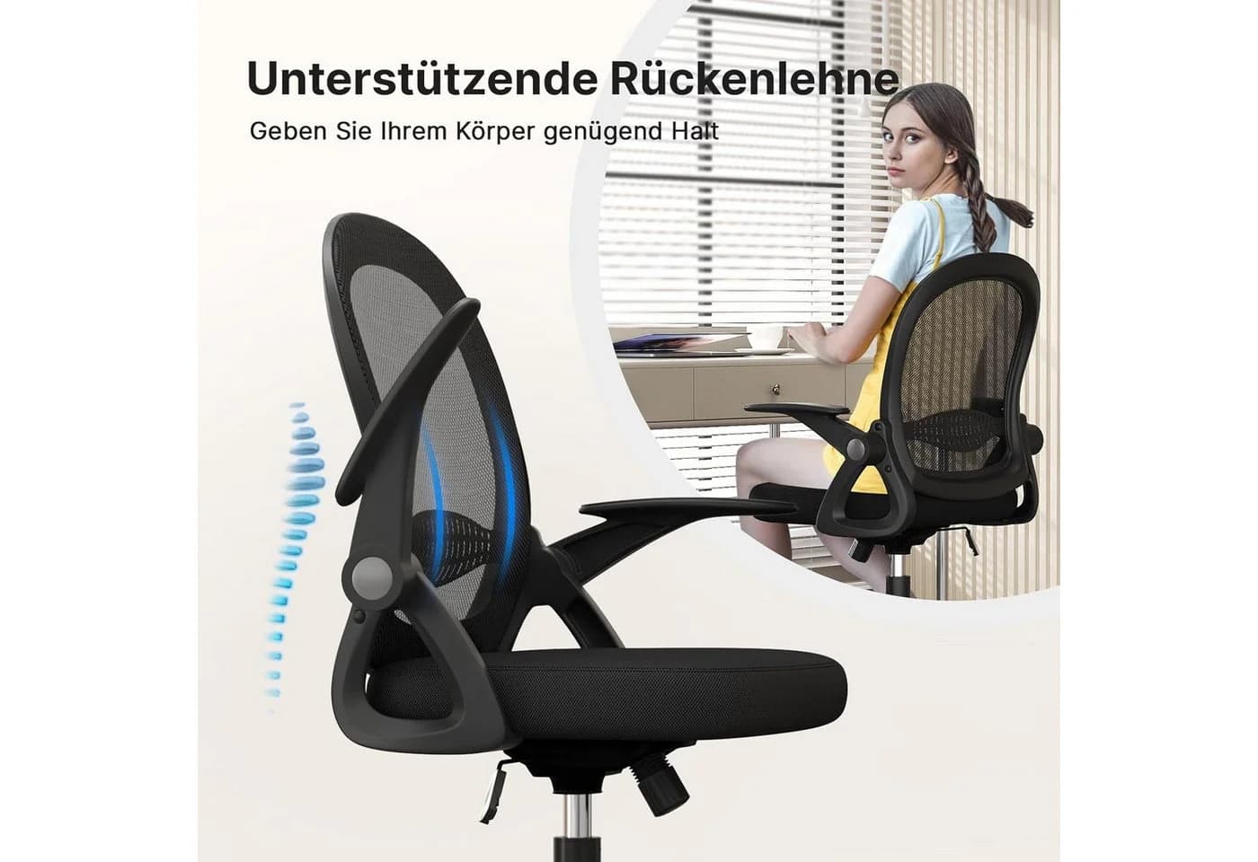 ZAISZE Bürostuhl Ergonomisch Mesh Höhenverstellbar Klappbare Armlehnen - Bild 3