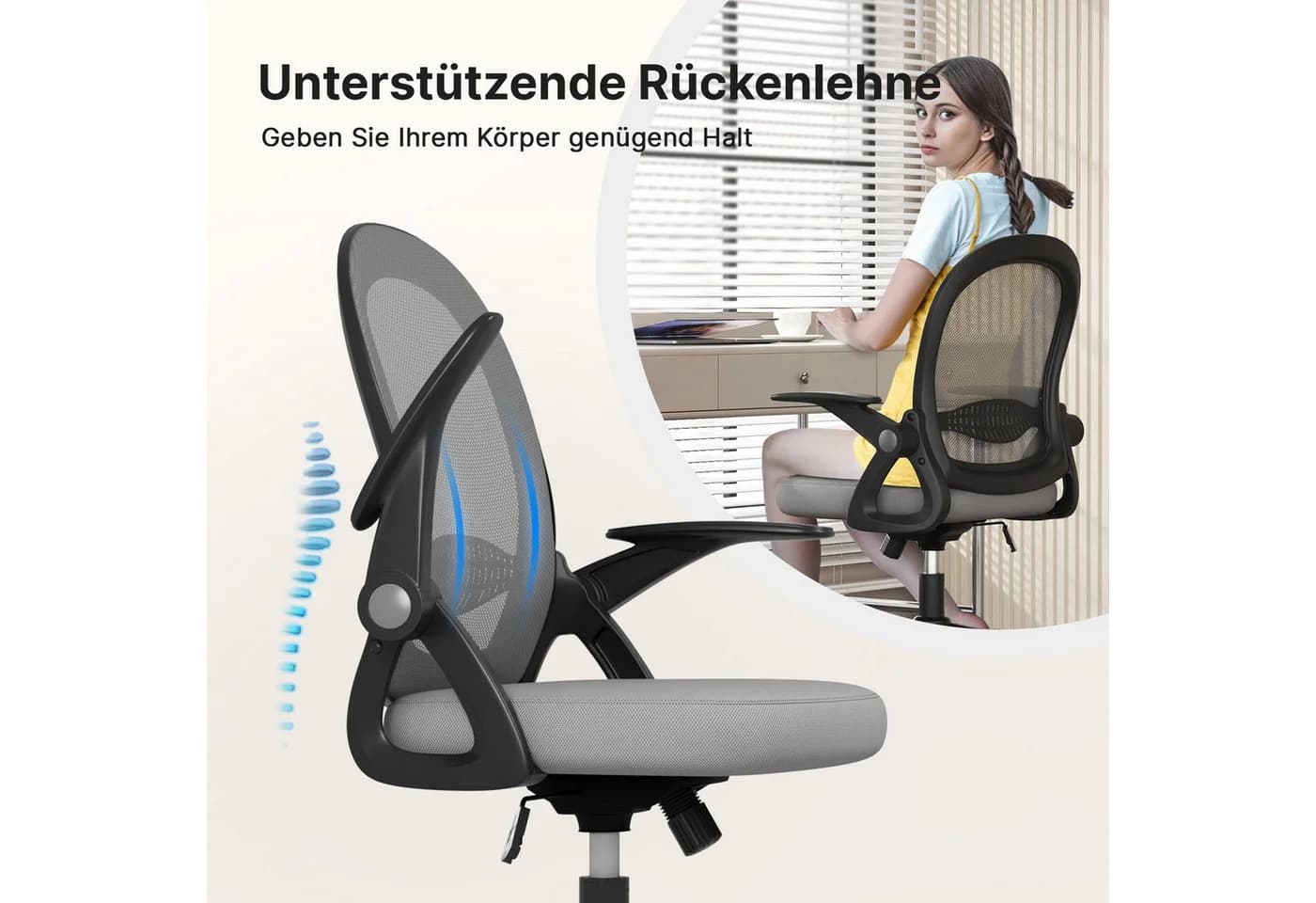 ZAISZE Bürostuhl Ergonomisch mit Mesh-Rückenlehne und klappbaren Armlehnen - Bild 3