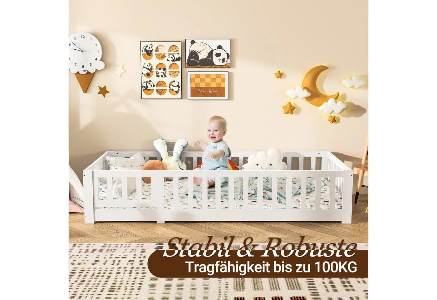 FUROKOY Kinderbett Bodenbett Weiß Skandinavisch mit Lattenrost