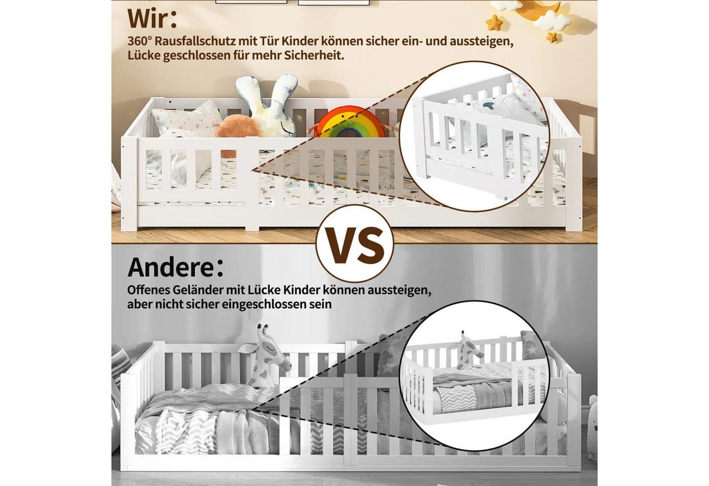 FUROKOY Kinderbett Bodenbett Weiß Skandinavisch mit Lattenrost - Bild 4