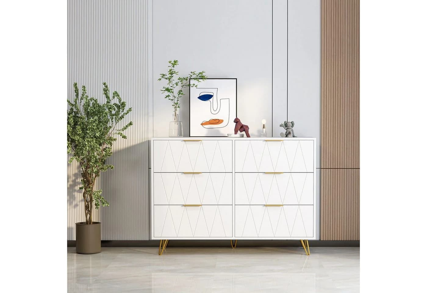 FUROKOY Kommode 6 Schubladen Weiß Gold Rautenmuster - Bild 4