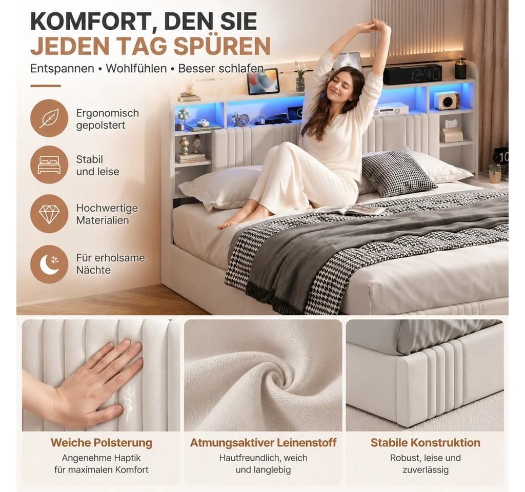 Simurq Polsterbett Doppelbett Beige mit LED, USB & Stauraum