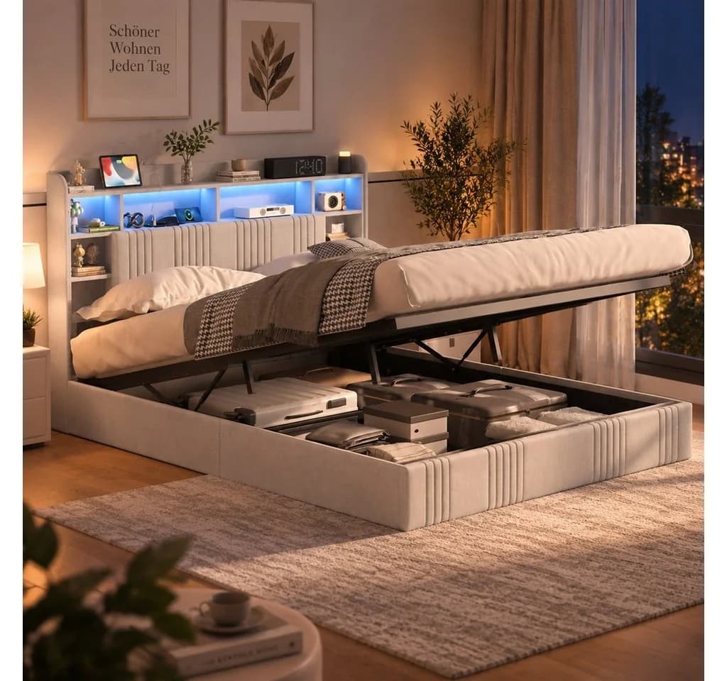 Simurq Polsterbett Doppelbett Beige mit LED, USB & Stauraum - Bild 2