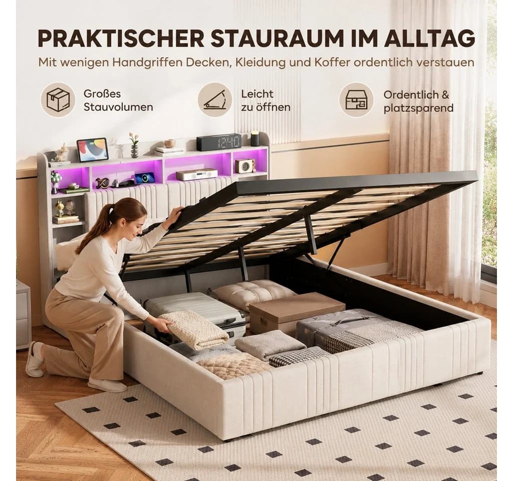 Simurq Polsterbett Doppelbett Beige mit LED, USB & Stauraum - Bild 4