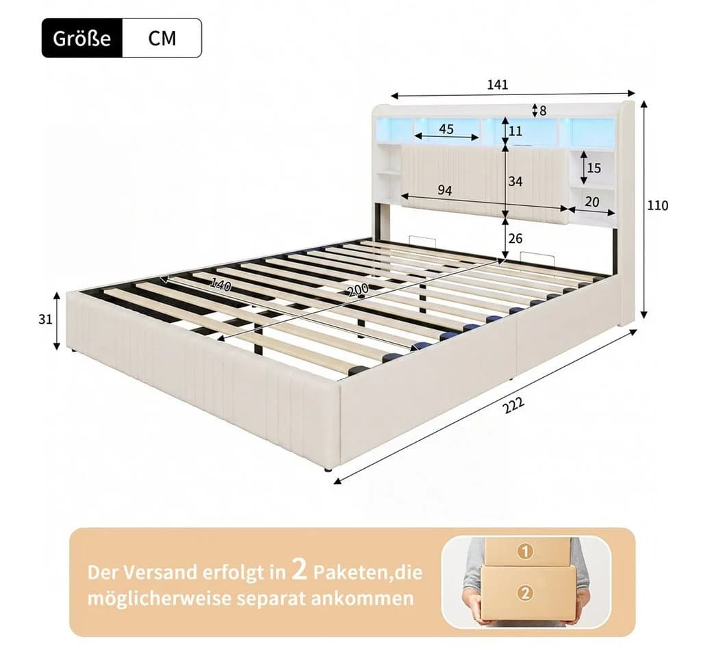Simurq Polsterbett Doppelbett Beige mit LED, USB & Stauraum - Bild 5