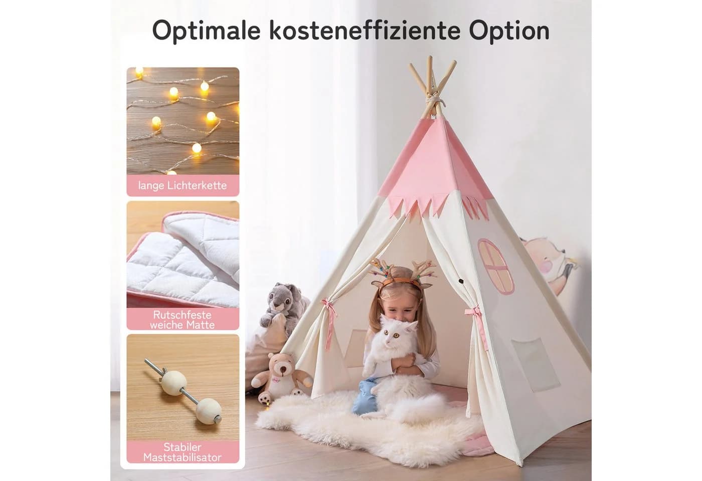 besrey Spielzelt Tipi Zelt für Kinder mit LED-Lichterkette Rosa 100% Baumwolle