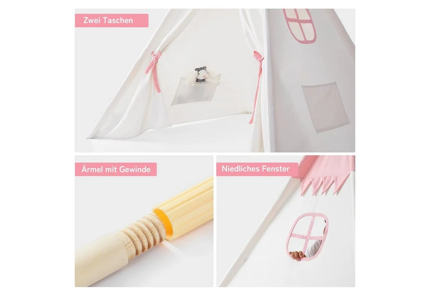 besrey Spielzelt Tipi Zelt für Kinder mit LED-Lichterkette Rosa 100% Baumwolle - Bild 3