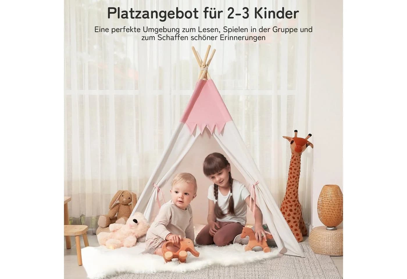 besrey Spielzelt Tipi Zelt für Kinder mit LED-Lichterkette Rosa 100% Baumwolle - Bild 5