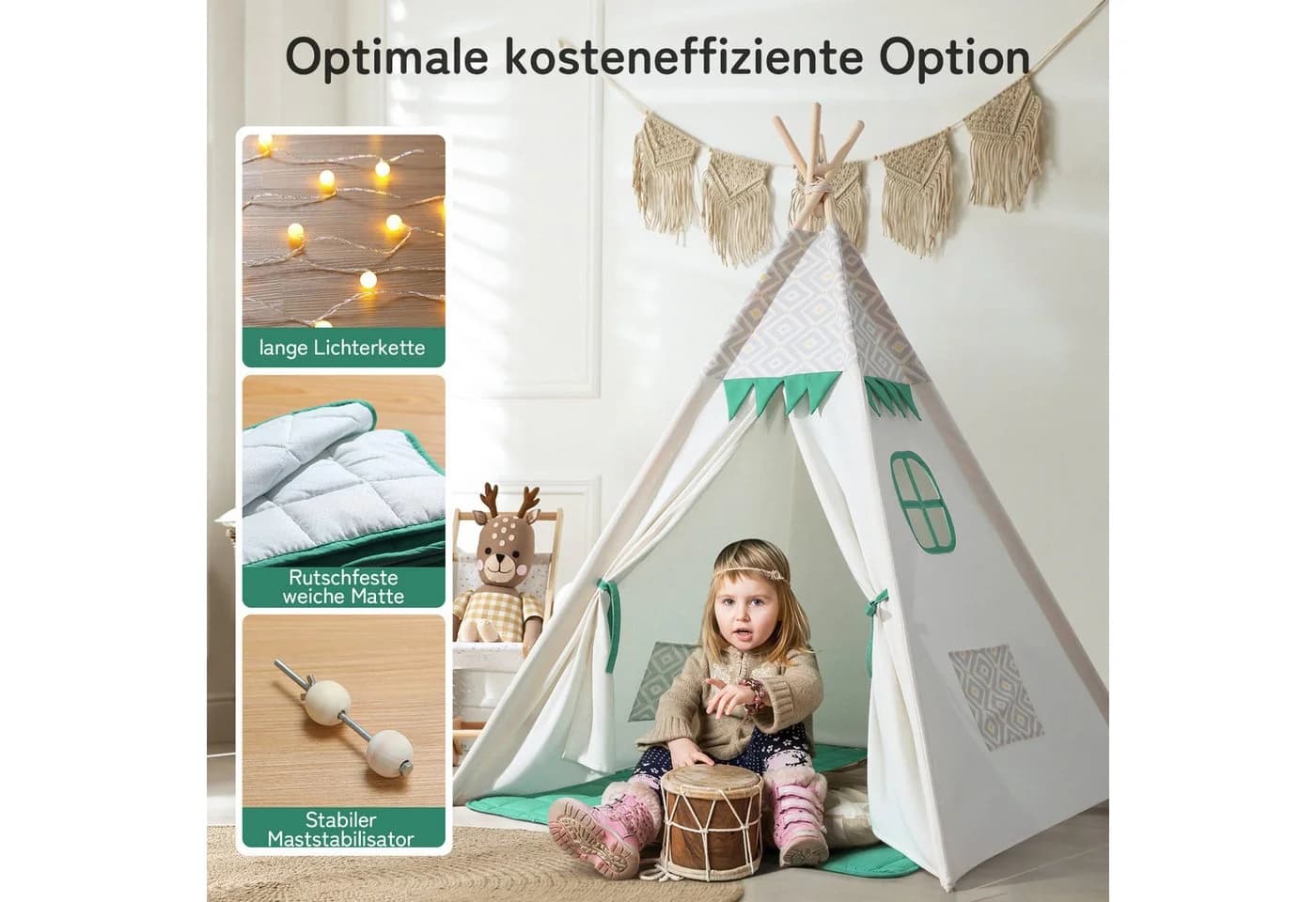 besrey Kinderzelt Tipi aus 100% Baumwolle mit LED-Lichterkette