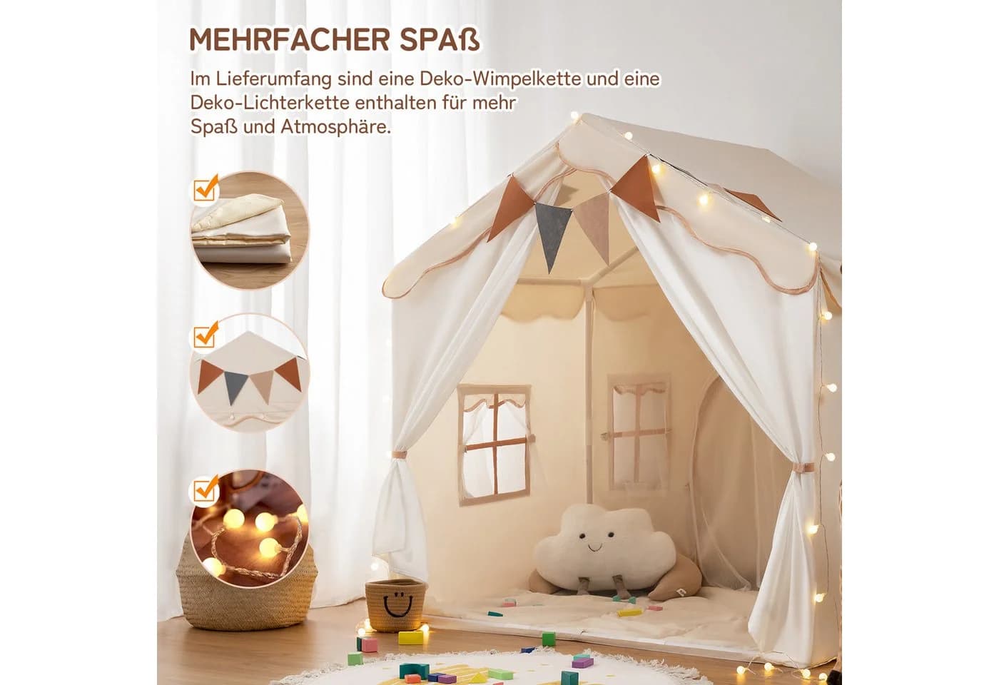 besrey Spielzelt 2 IN 1 Kinderzelt, Kinder Spielhaus Indoor mit Lichtern