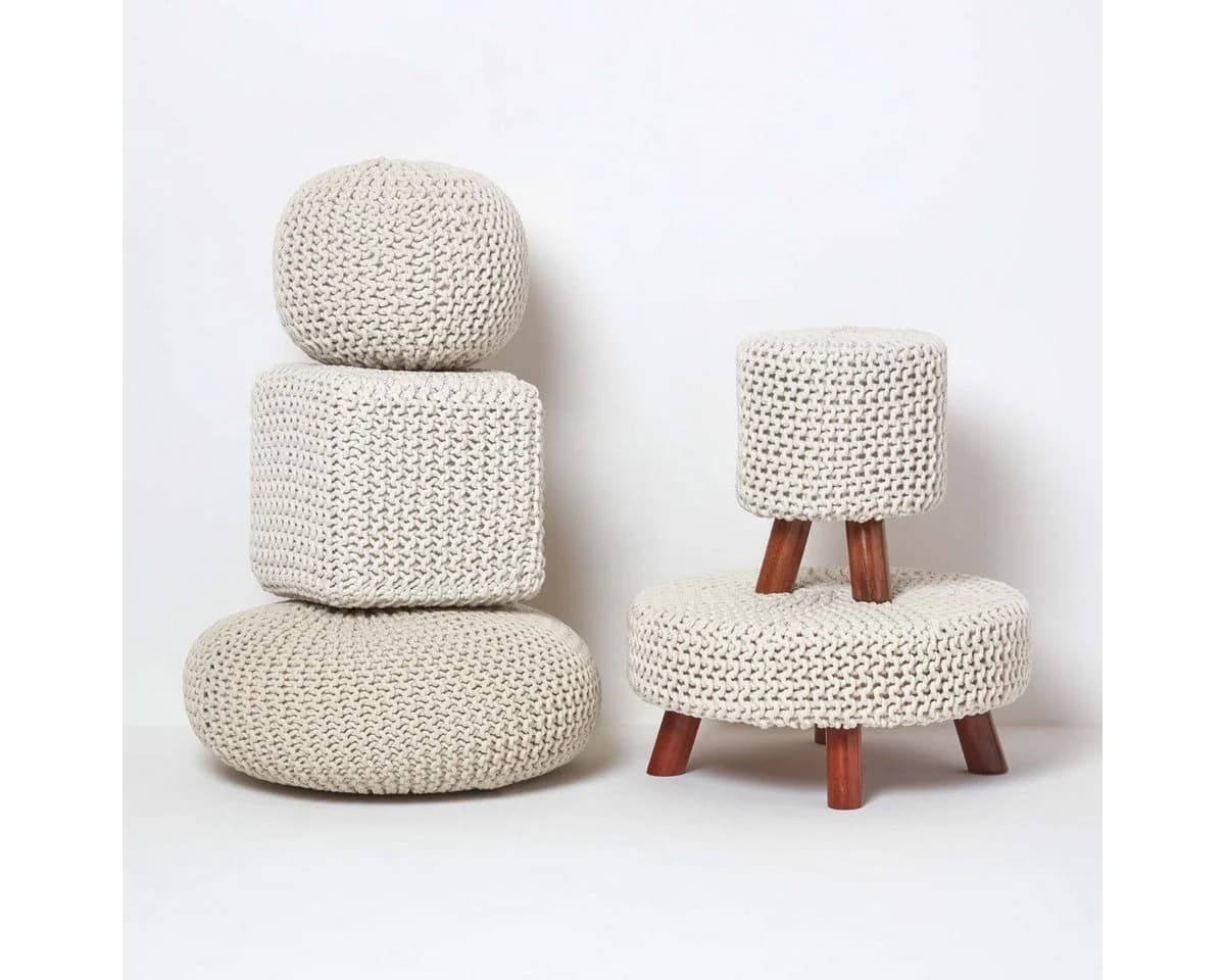 Homescapes Runder Strickpouf 100% Baumwolle Natur - Bild 5