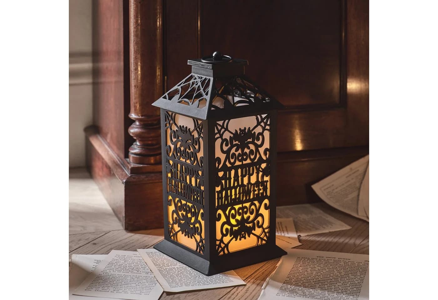 Lights4fun LED Laterne Halloween Schwarz mit Flammeneffekt