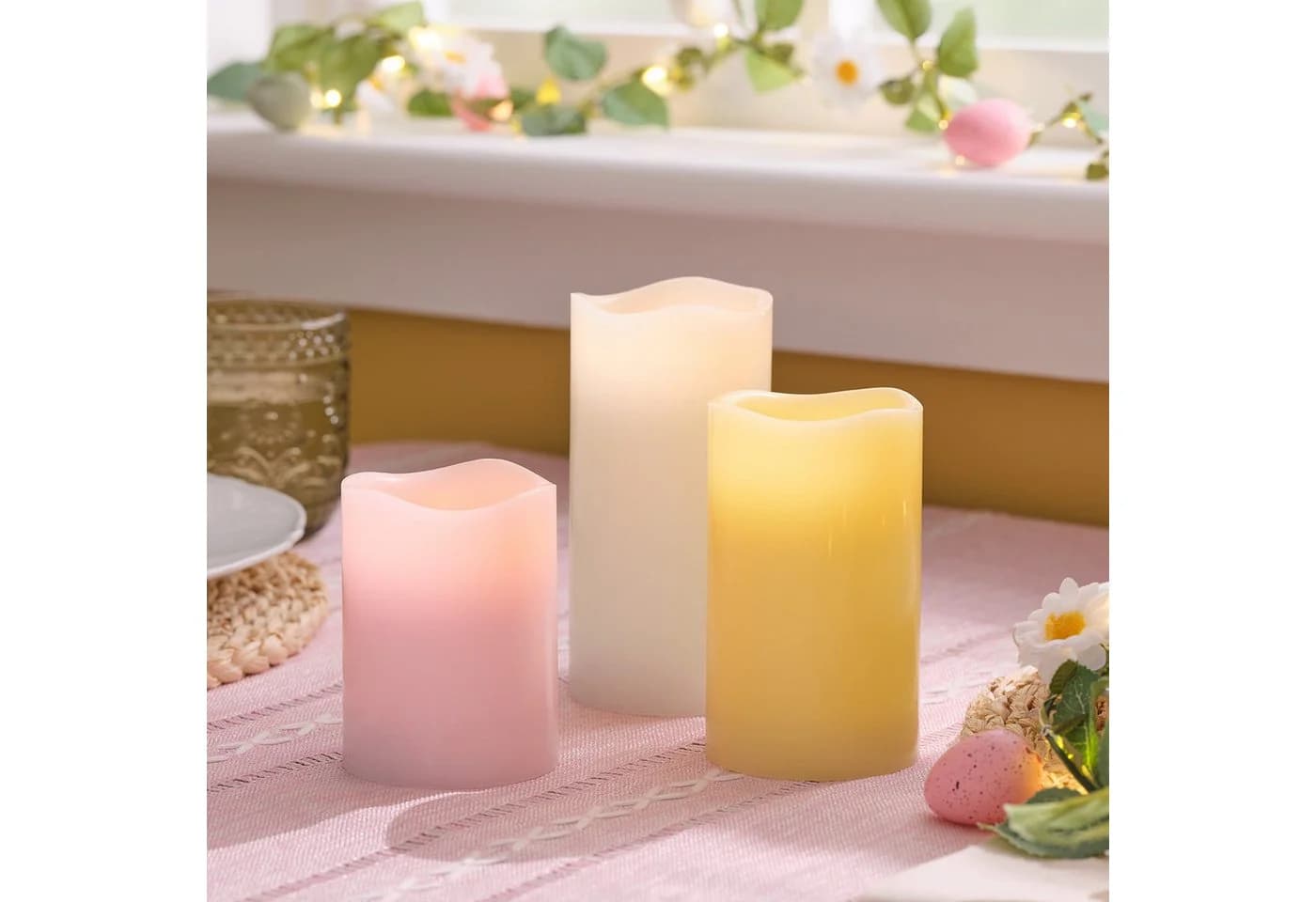 Lights4fun LED-Stumpenkerzen 3er Set Pastell Echtwachs