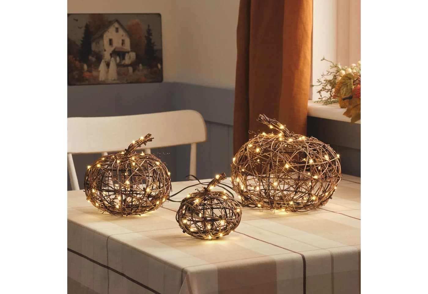 Lights4fun LED Kürbis-Deko 3er Set Weidegeflecht Timer