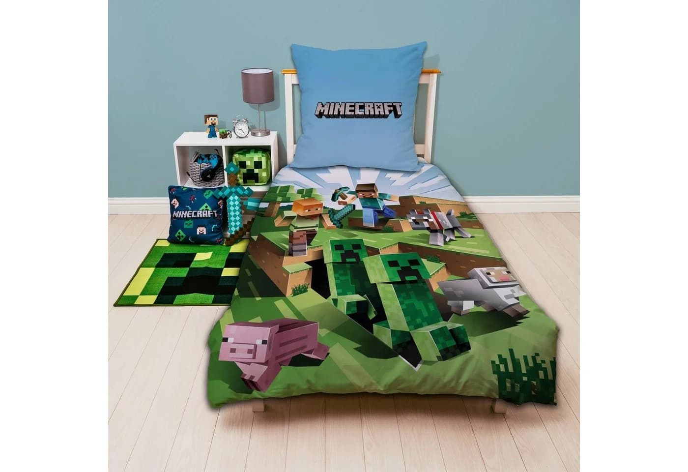 Familando Kinderbettwäsche Minecraft Battle 100% Baumwolle Bunt Weiß