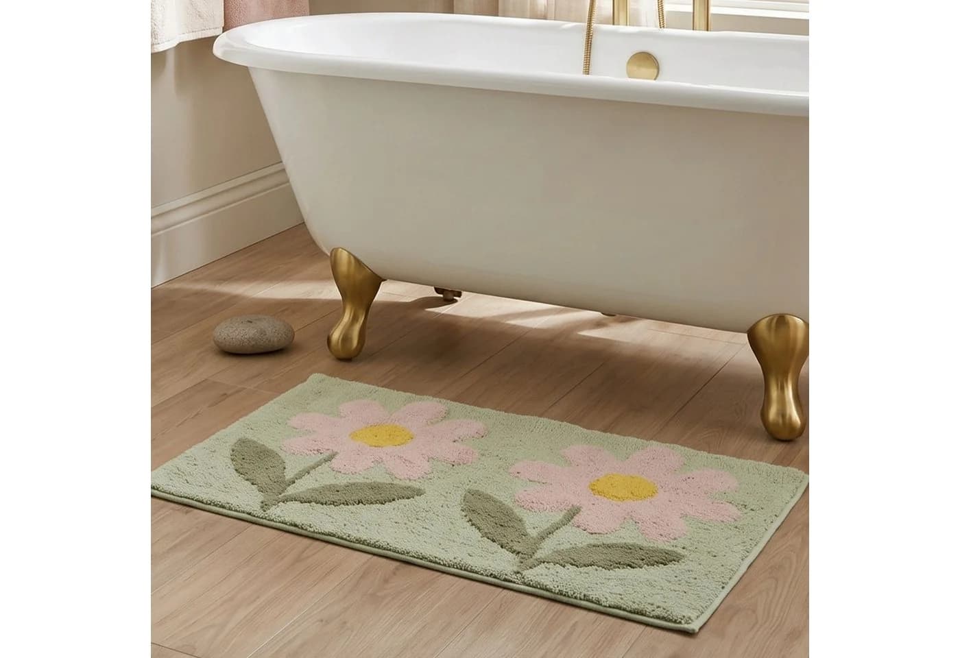 Homescapes Badematte Blumen 50x80 cm Grün-Rosa Baumwolle