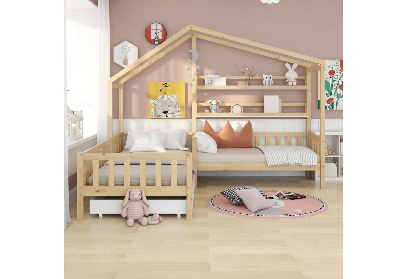 Flieks Kinderbett Hausbett Massivholz L-Struktur