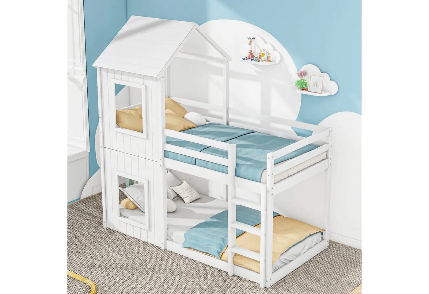 Flieks Etagenbett Weiß mit Treppe und Lattenrost